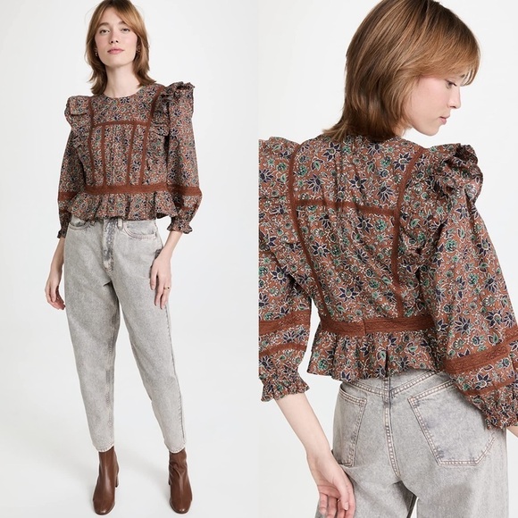 Veronica Beard Tops - Veronica Beard Ruffle Balloon Sleeves Weslayan Blouse Top in Cinnamon Multi